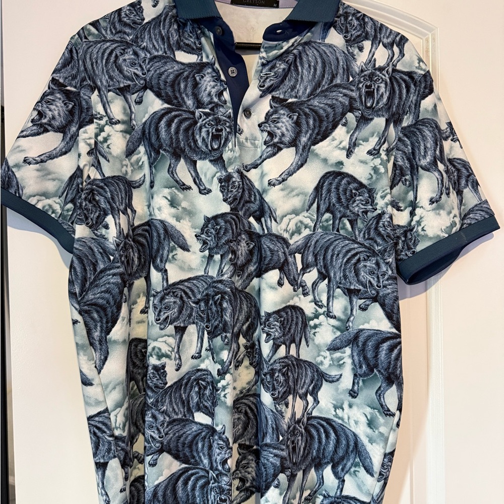 Greyson Wolf Pattern Polo Shirt - Blue and Gray